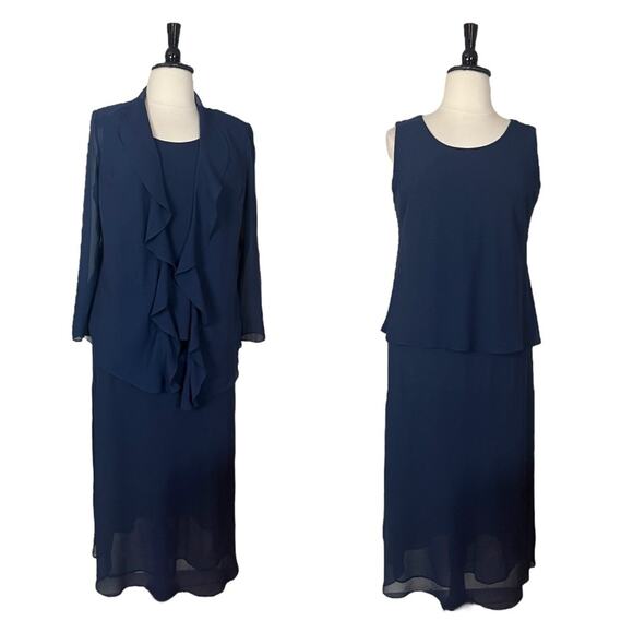 Jessica Howard Midi Jacket Dress Ruffle Front Chiffon Navy Blue Women’s Size 14W - Picture 13 of 13